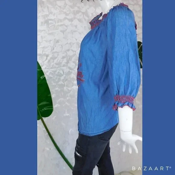 Chambray Top with Red Embroidery Size 2X - Picture 3 of 5